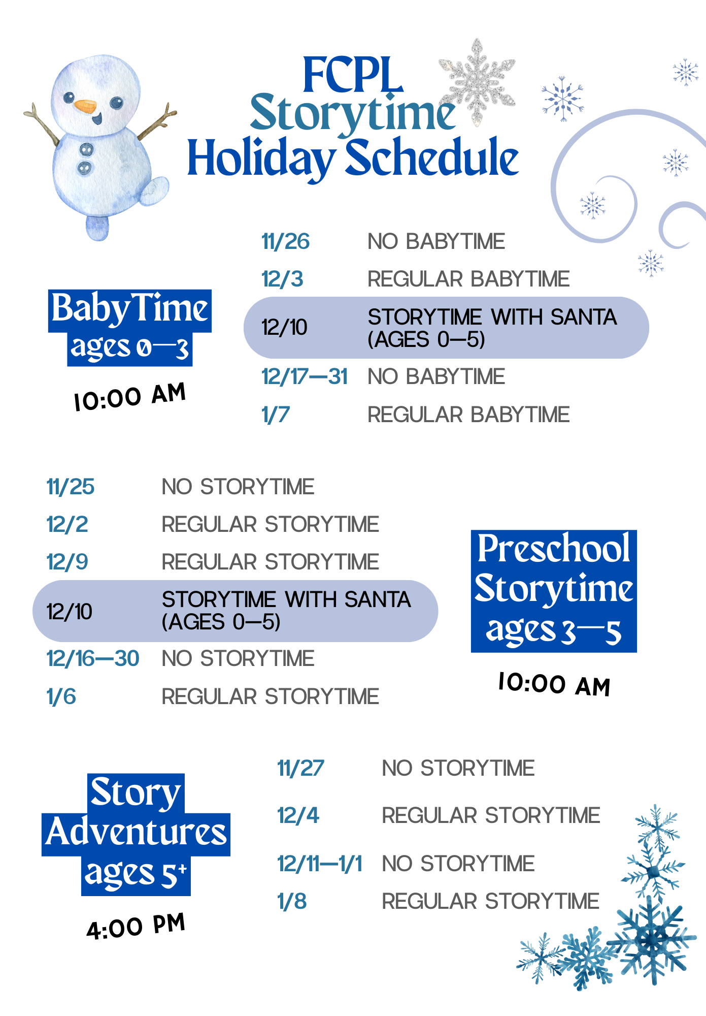 Storytime Holiday Schedule 2025